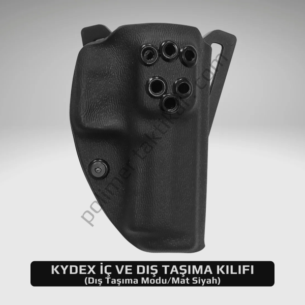 Glock 19 Kydex Tabanca Kılıfı İç Ve Dış Taşıma Sol - Mat Siyah - İçi Silah Çizmez Kadife Kaplı - Dış Taşıma (Kılıfın kurulumu dış taşıma için yapılır. İç taşıma için gerekli kemer tokası, somun ve vidalar paket içerisinde gönderilir)
